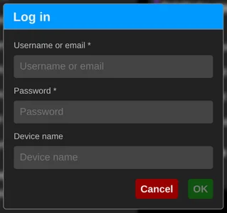 The extension's log-in form, with fields for a username or email, a password and a device name