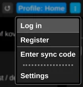The extension's profile menu, offering log in, register and enter sync code, with the pointer on log in