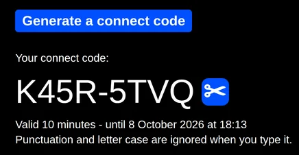 A generated connect code, with the time it stops working and a button that copies it