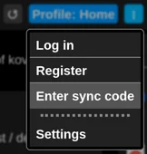 The extension's profile menu with the pointer on enter sync code