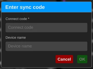 The extension's enter sync code form, with fields for the connect code and a device name