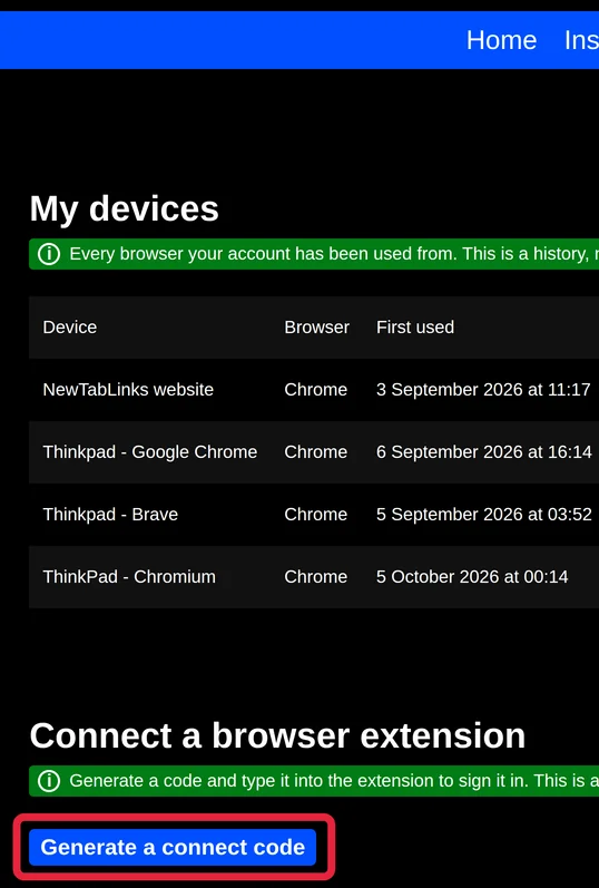 The My devices page on this site, with the Generate a connect code button highlighted