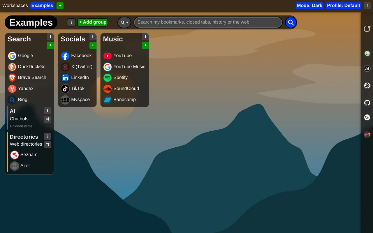 The same new tab in the dark theme