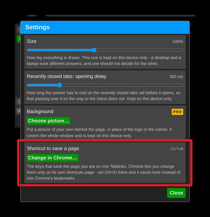 The save page shortcut in the settings