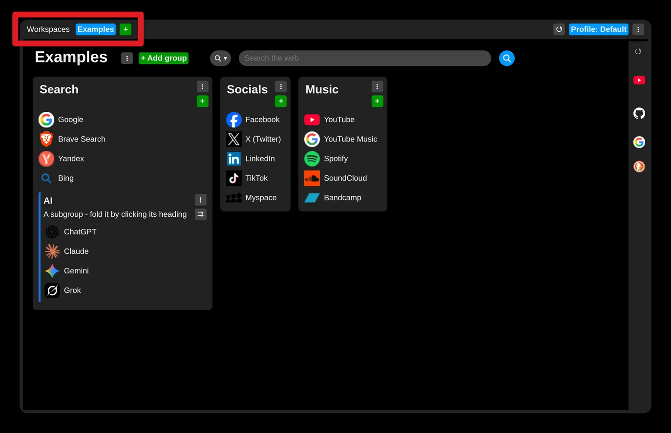 Workspaces at the top left of the new tab