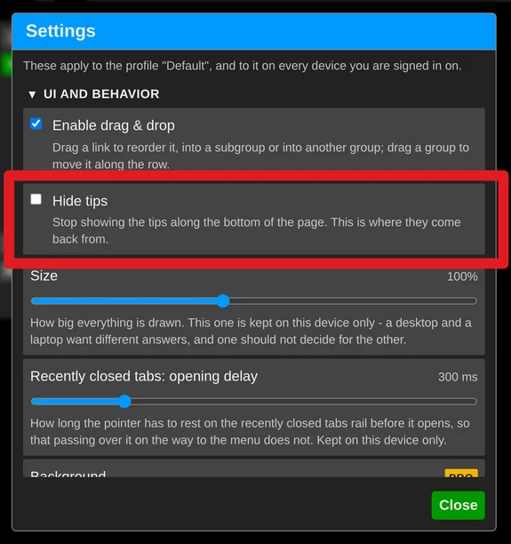 Settings - hide tips