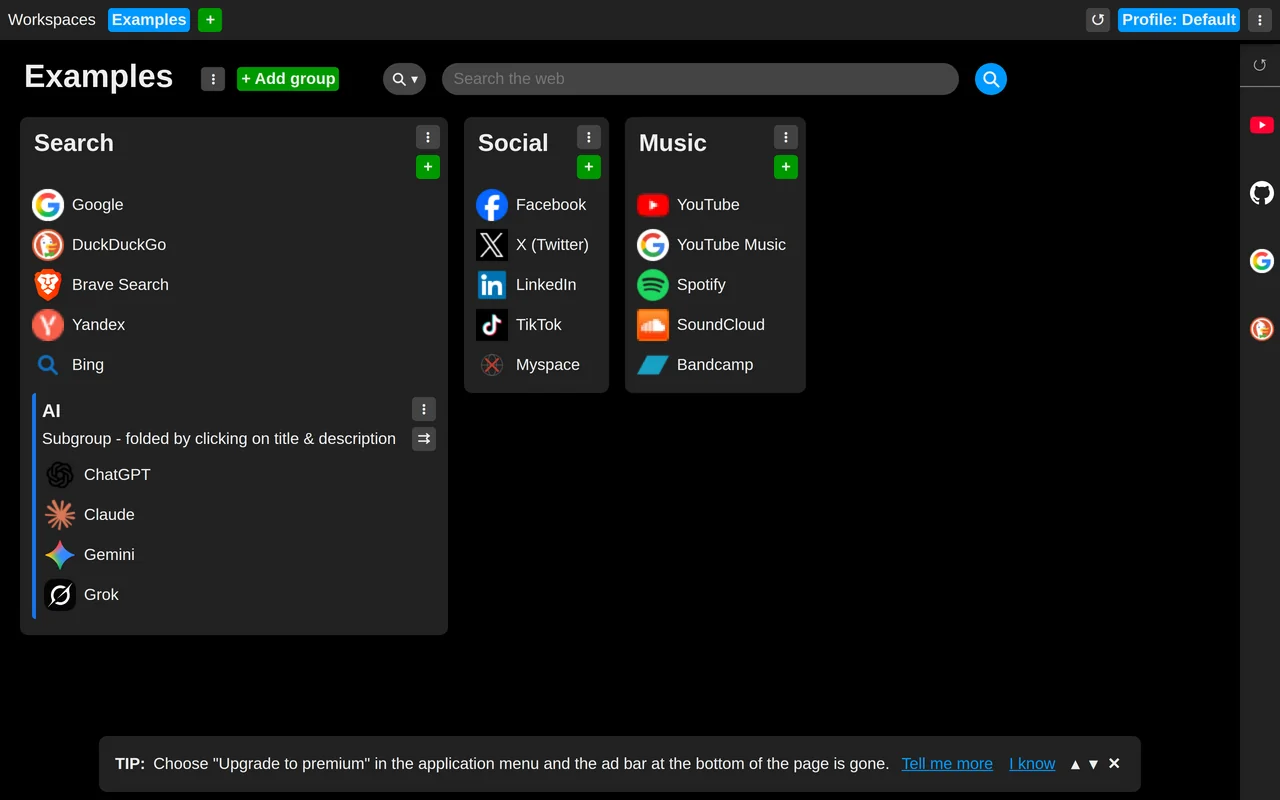 New tab screen with example links
