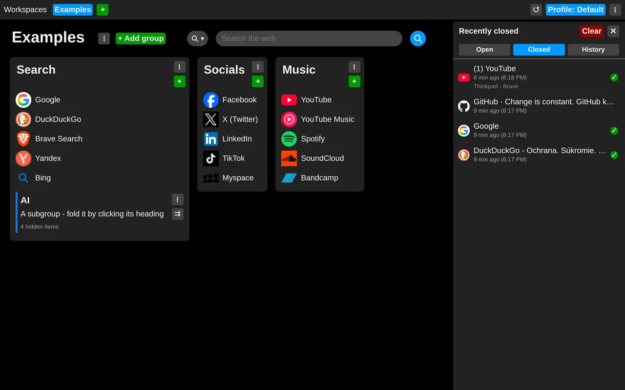 New tab screen with the history of closed tabs unfolded