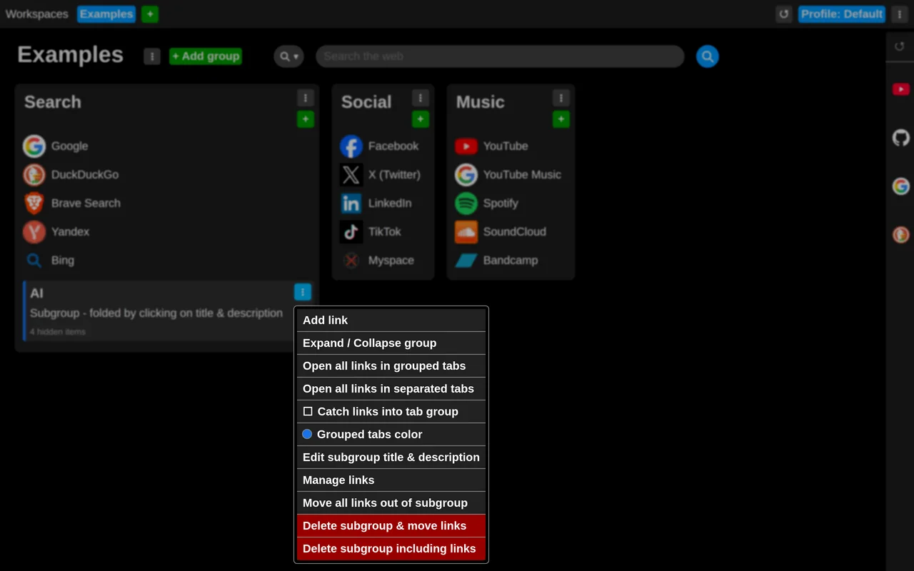 New tab screen, menu example