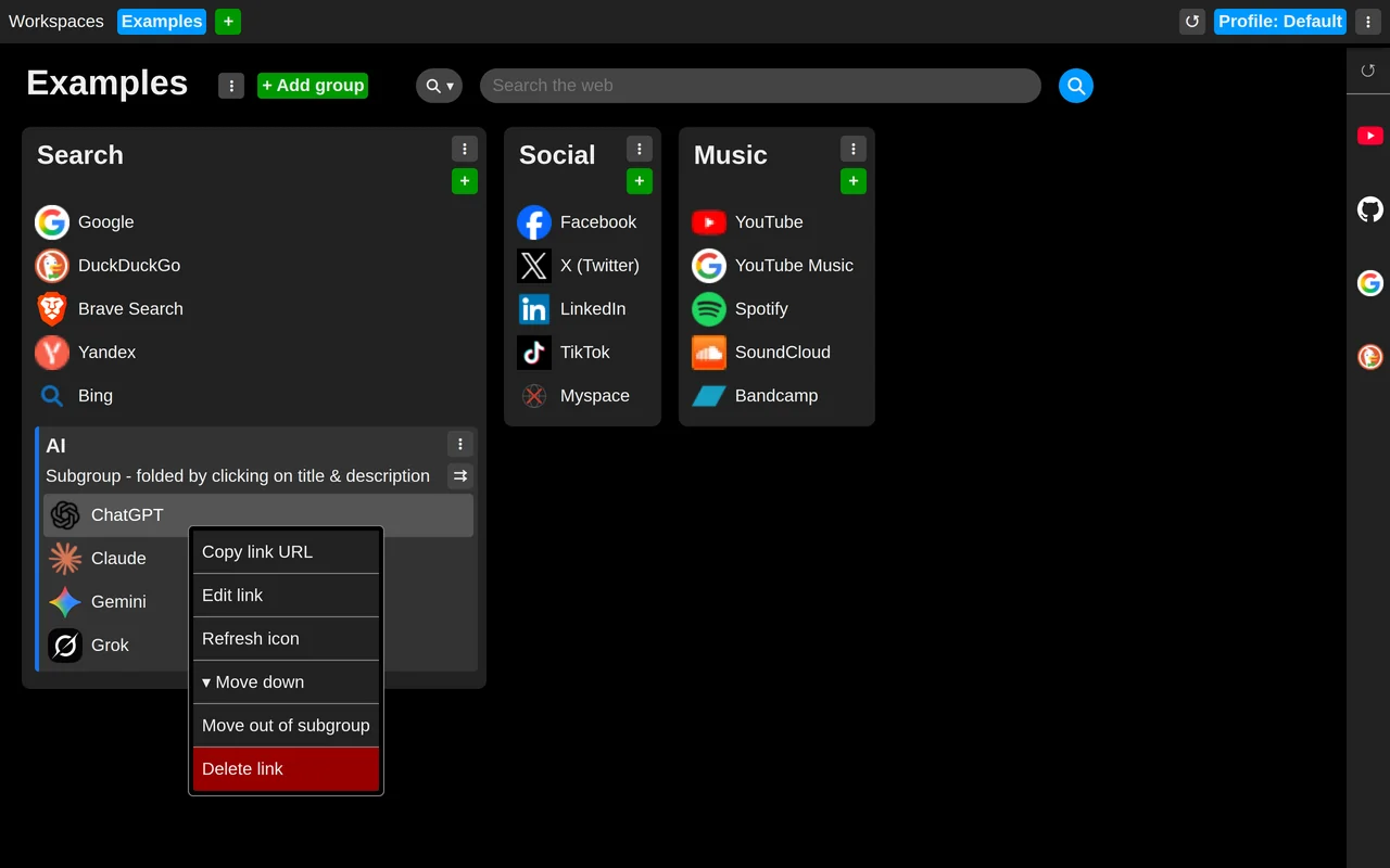 Link context menu, opened with a right click