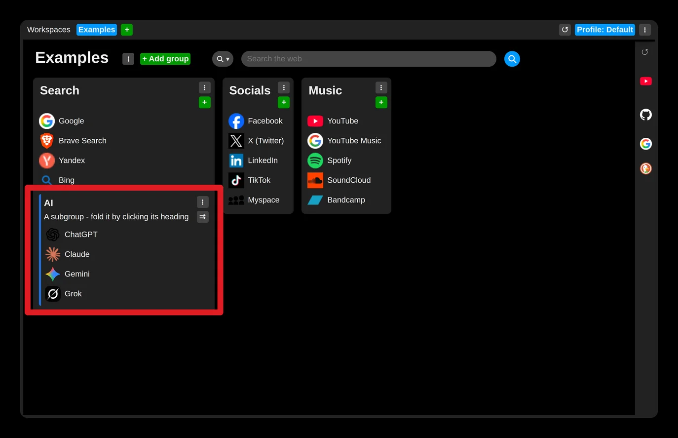 The "AI" subgroup in a group on the new tab