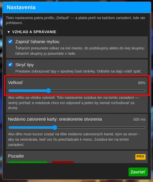 The "Size" slider in the "UI and behavior" section of the settings