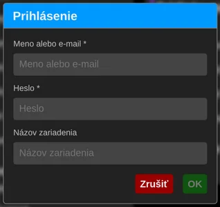 Prihlasovací formulár rozšírenia s poľami pre používateľské meno alebo e-mail, heslo a názov zariadenia