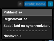 Menu profilu v rozšírení s voľbami na prihlásenie, registráciu a zadanie synchronizačného kódu, s kurzorom na prihlásení