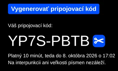 Vygenerovaný pripojovací kód s časom platnosti a tlačidlom na skopírovanie