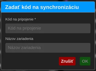 Formulár rozšírenia na zadanie synchronizačného kódu, s poľami pre pripojovací kód a názov zariadenia