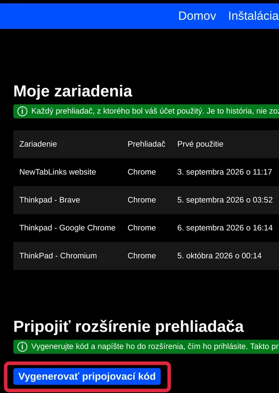 Stránka Moje zariadenia na tomto webe so zvýrazneným tlačidlom Vygenerovať pripojovací kód