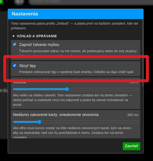 Nastavenie - skryť tipy