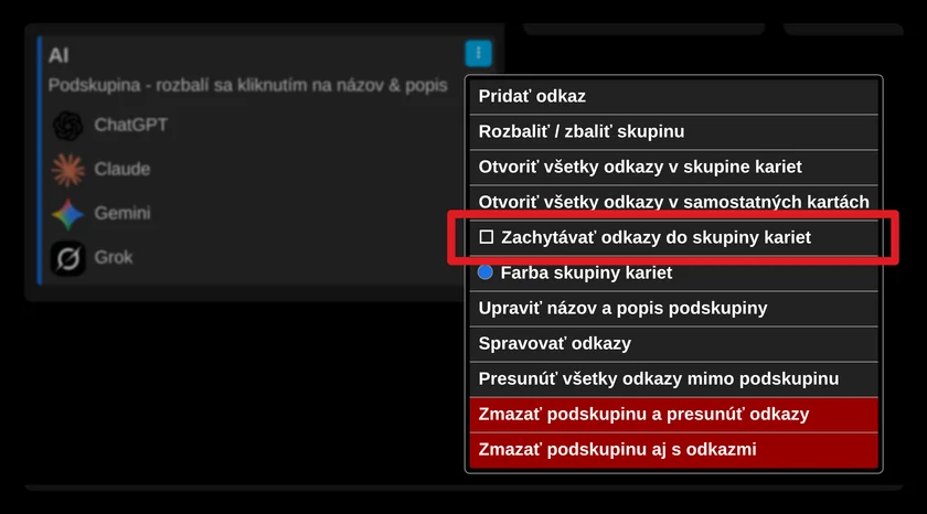 Podskupina linkov - zachytavat linky do skupiny kariet